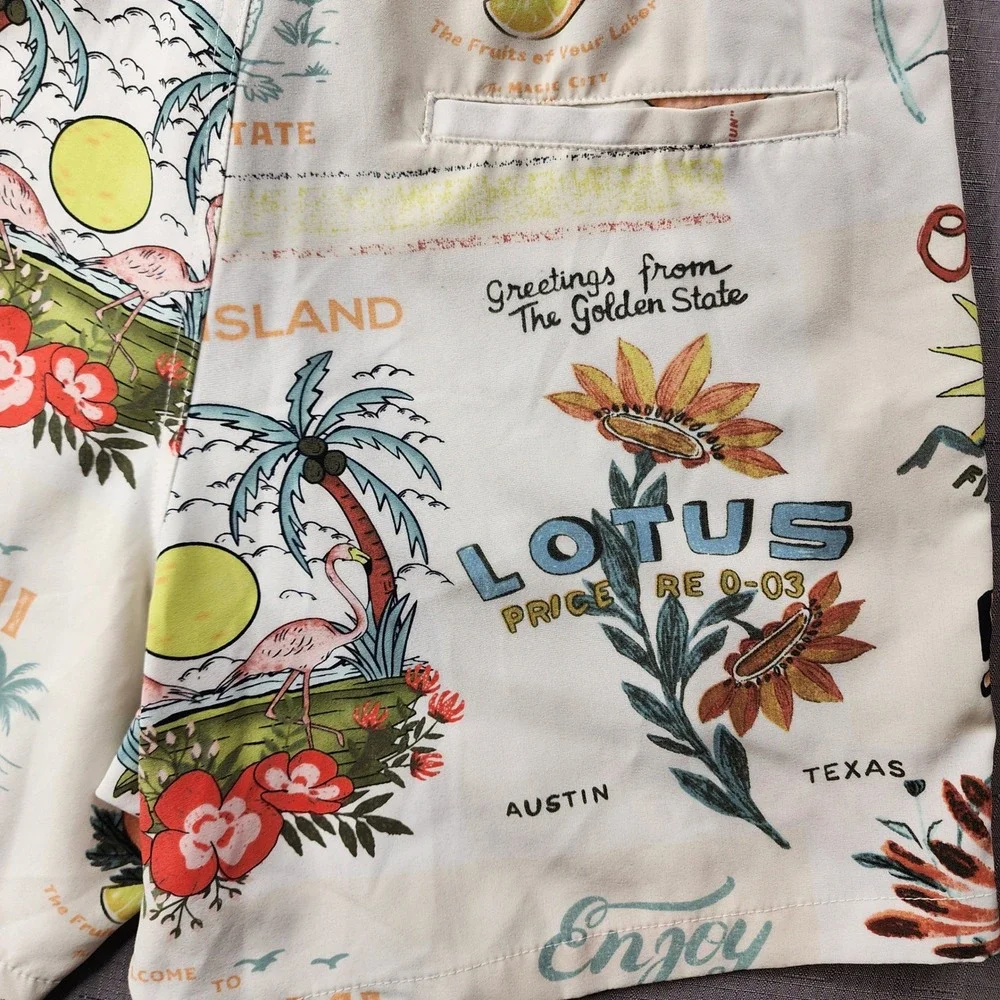 Malibu by Drill Clothing Co Mens Medium Swim Shorts Beach Postcard Print Resort
